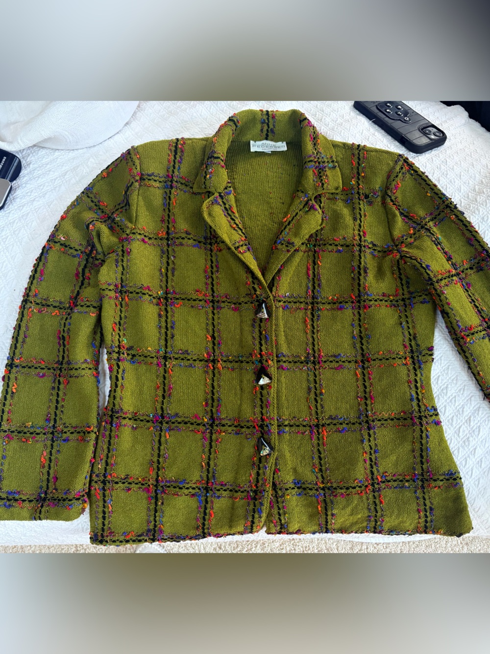 Anne Pedersen Cardigan Moss Green Hand Loomed Abalone Shell Onyx Buttons XL
